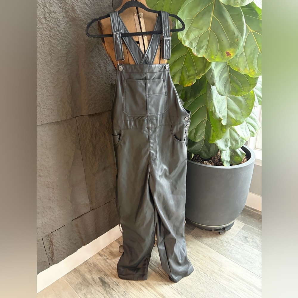 No Boundaries Black Faux Leather Overalls with Adjustable Straps
